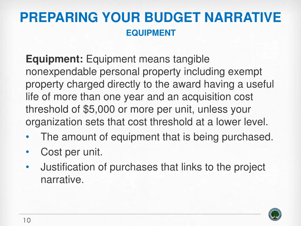 preparing your budget narrative equipment