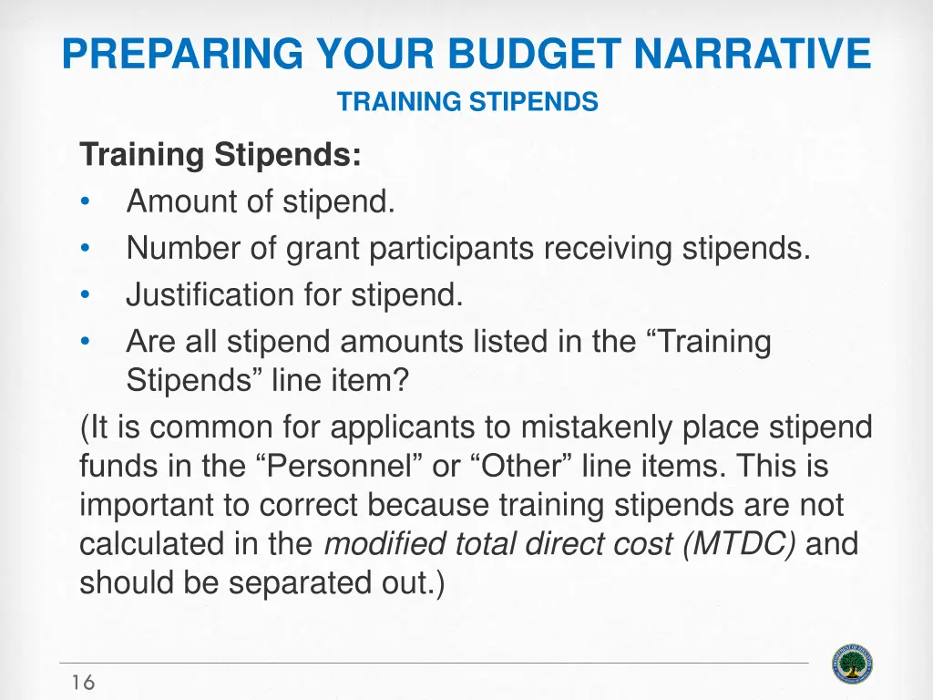 preparing your budget narrative training stipends