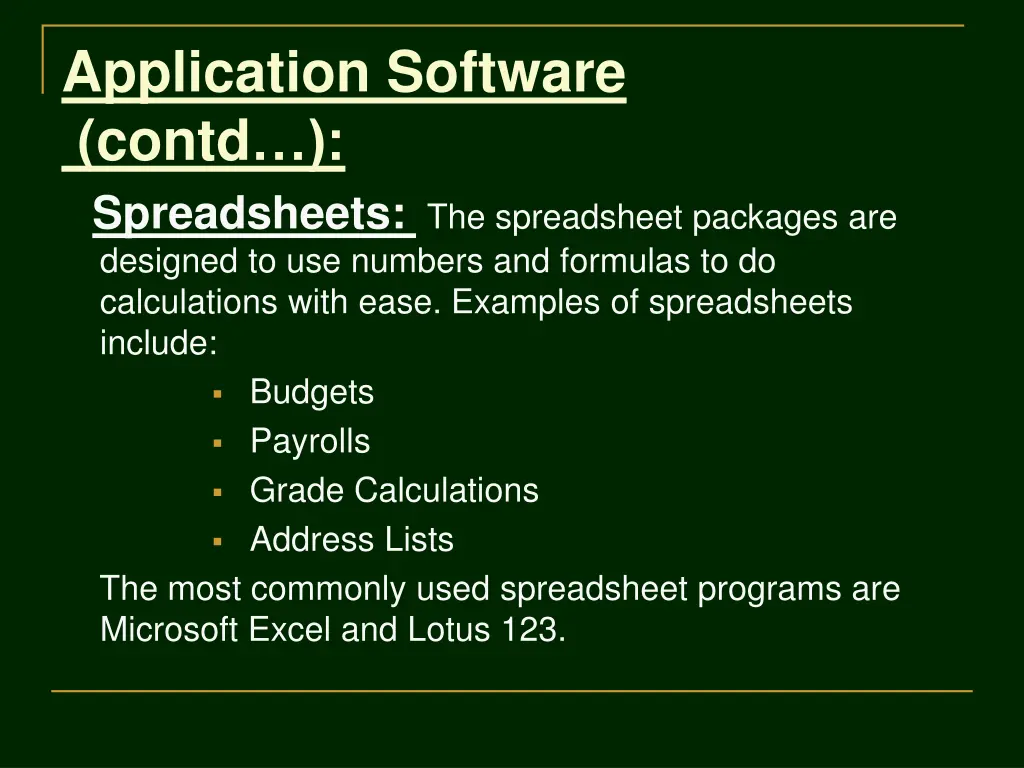 application software contd spreadsheets