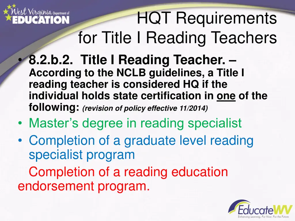 hqt requirements for title i reading teachers