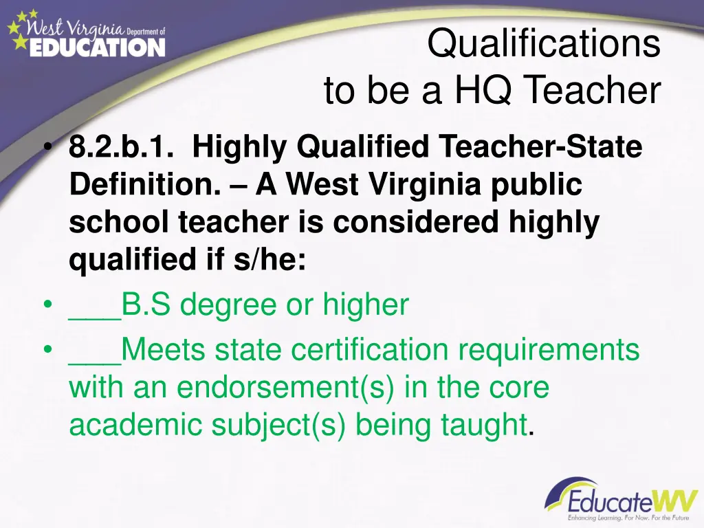 qualifications to be a hq teacher