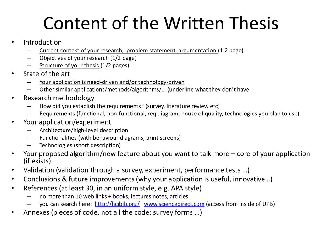 content of the written thesis