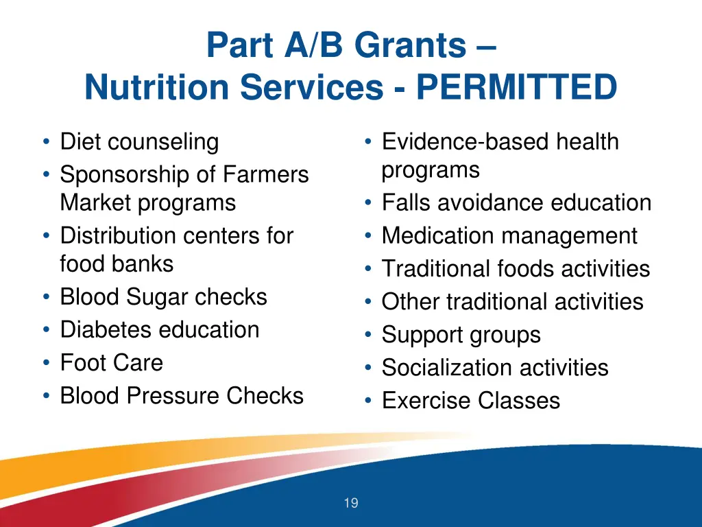 part a b grants nutrition services permitted