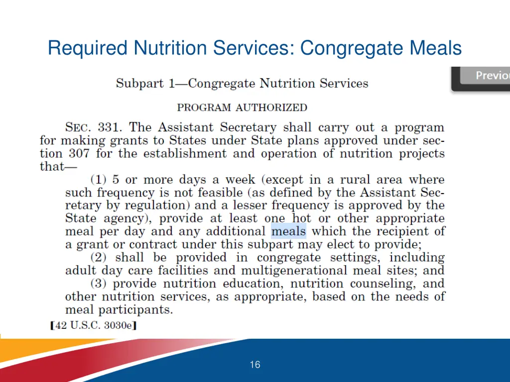 required nutrition services congregate meals