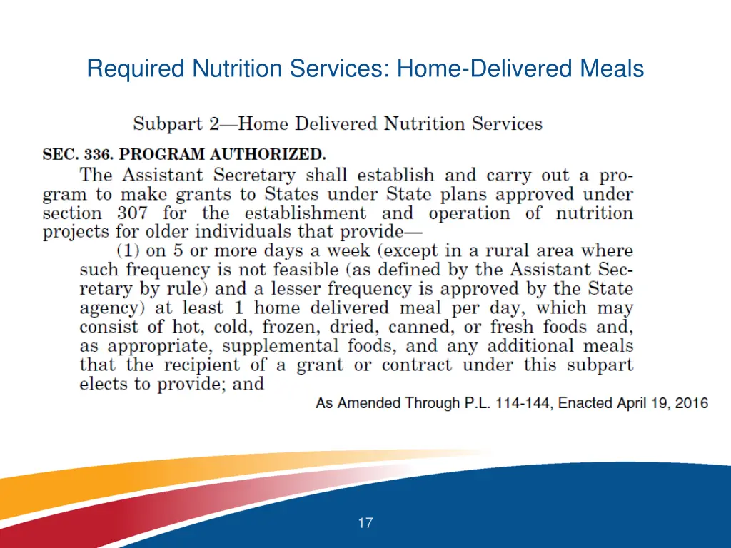 required nutrition services home delivered meals