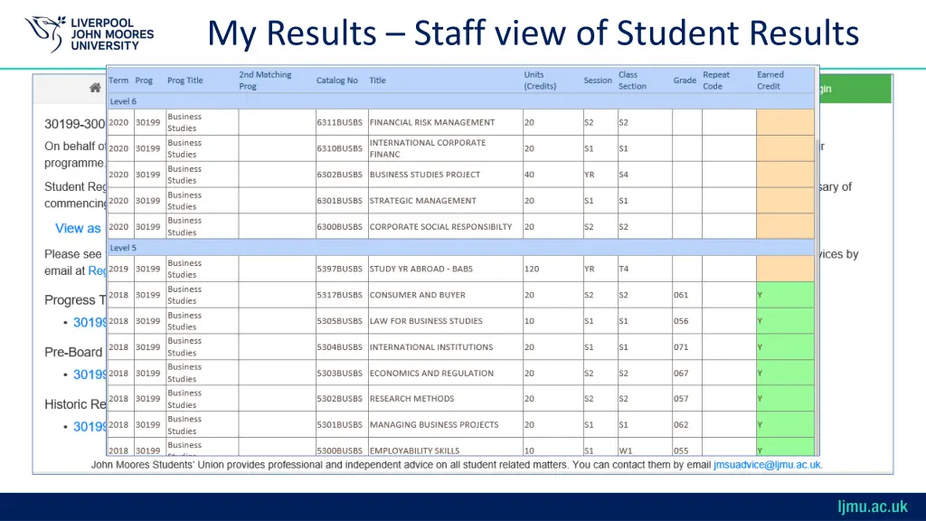 my results staff view of student results