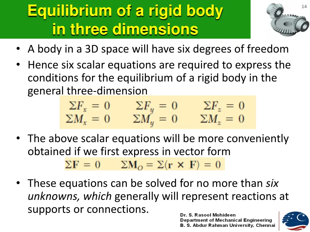 equilibrium of a rigid body in three dimensions