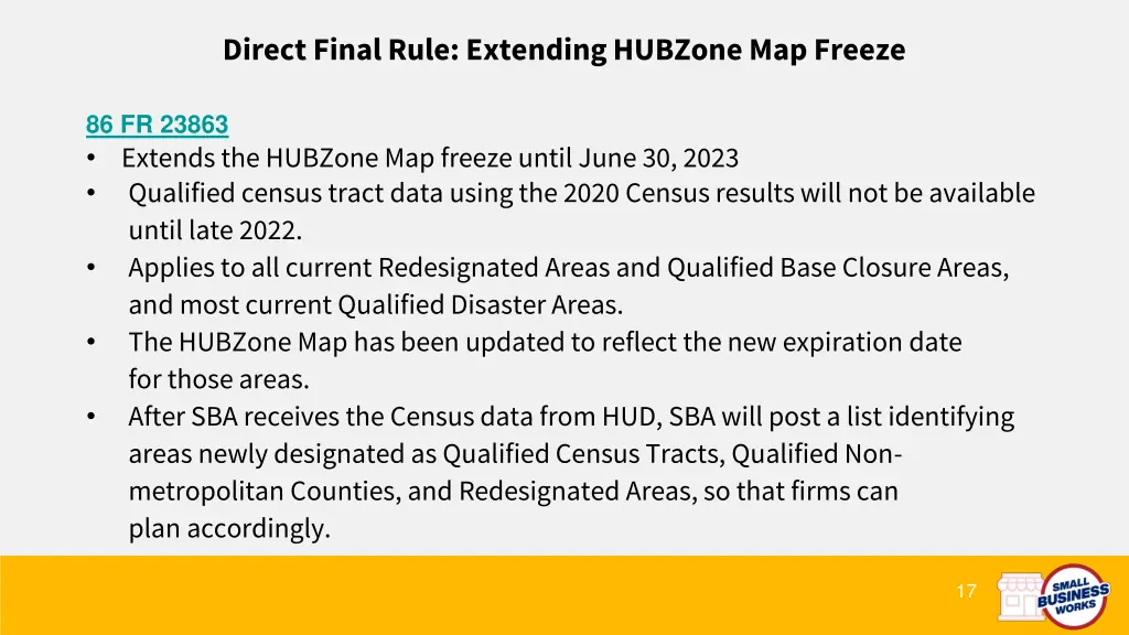 direct final rule extending hubzone map freeze