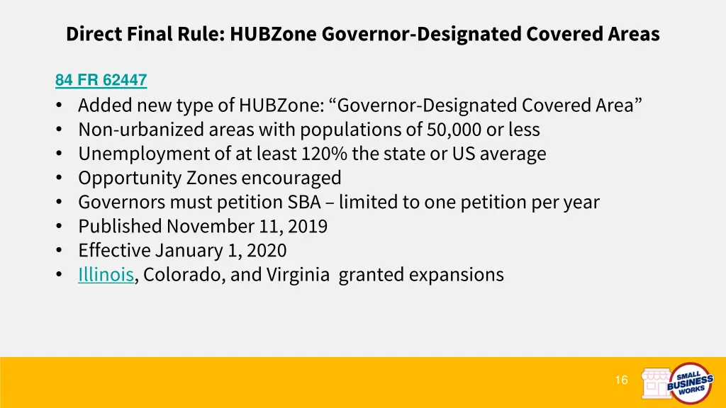 direct final rule hubzone governor designated