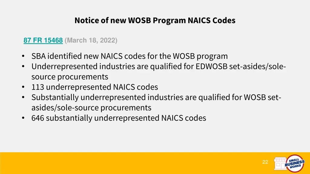 notice of new wosb program naics codes