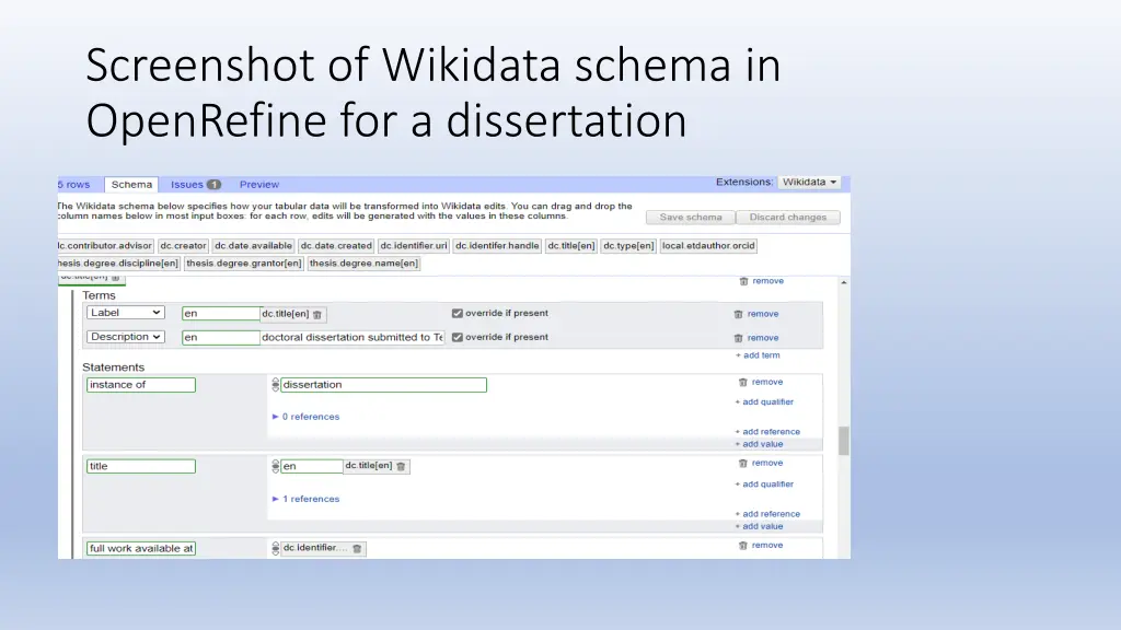 screenshot of wikidata schema in openrefine 2