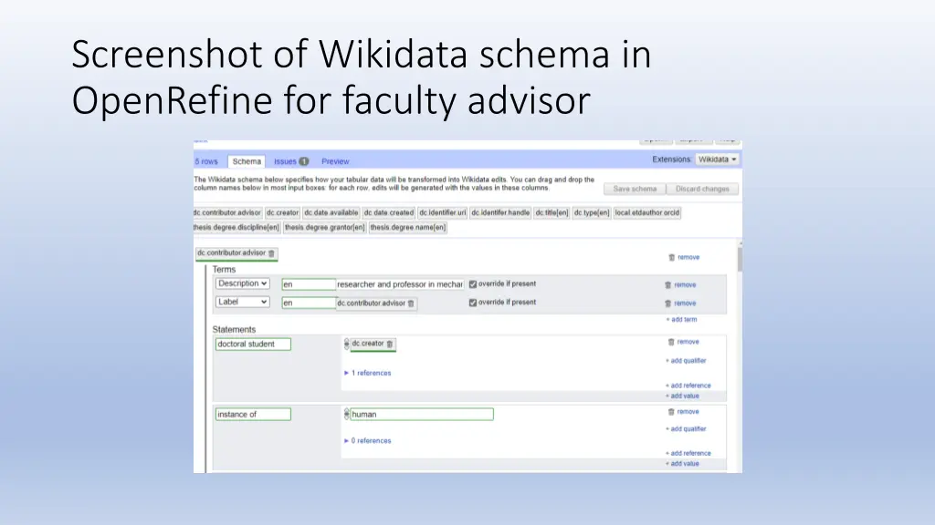 screenshot of wikidata schema in openrefine