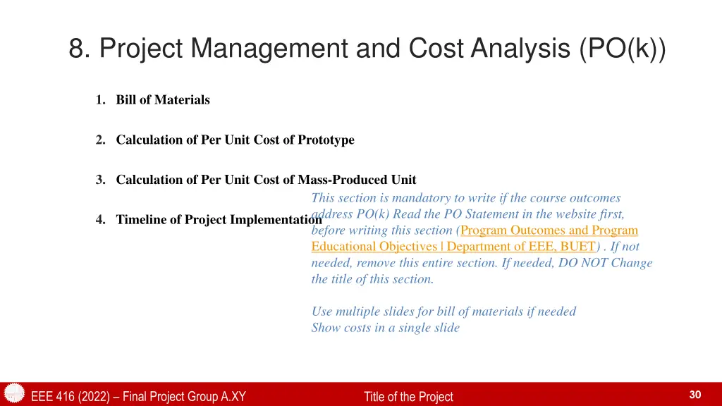 8 project management and cost analysis po k