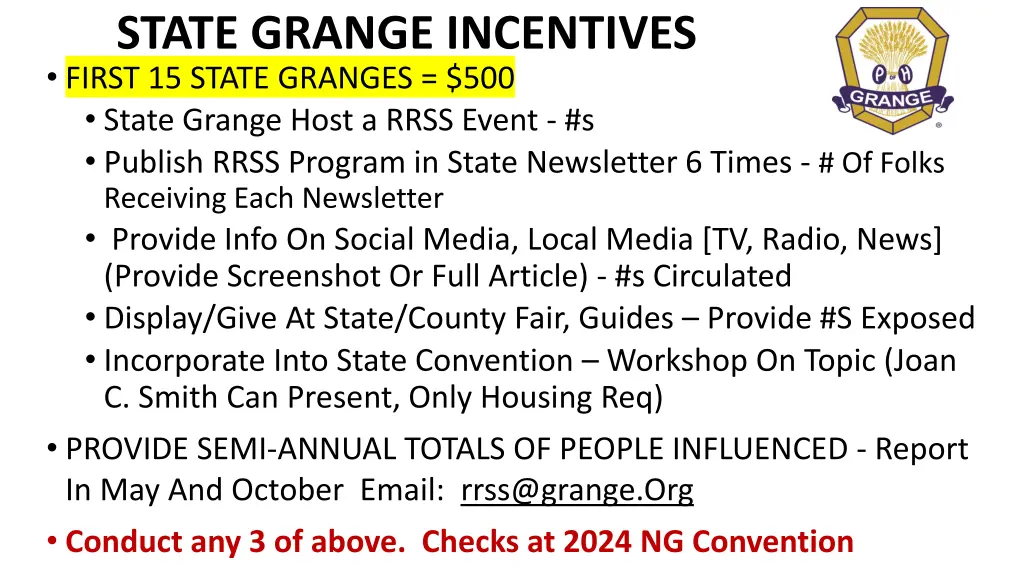 state grange incentives first 15 state granges