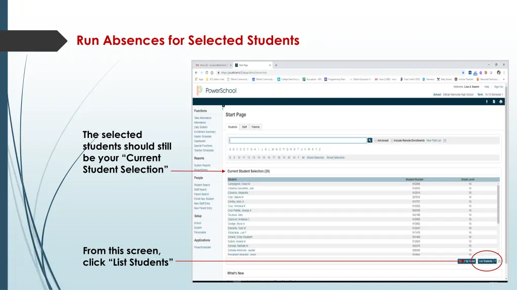 run absences for selected students