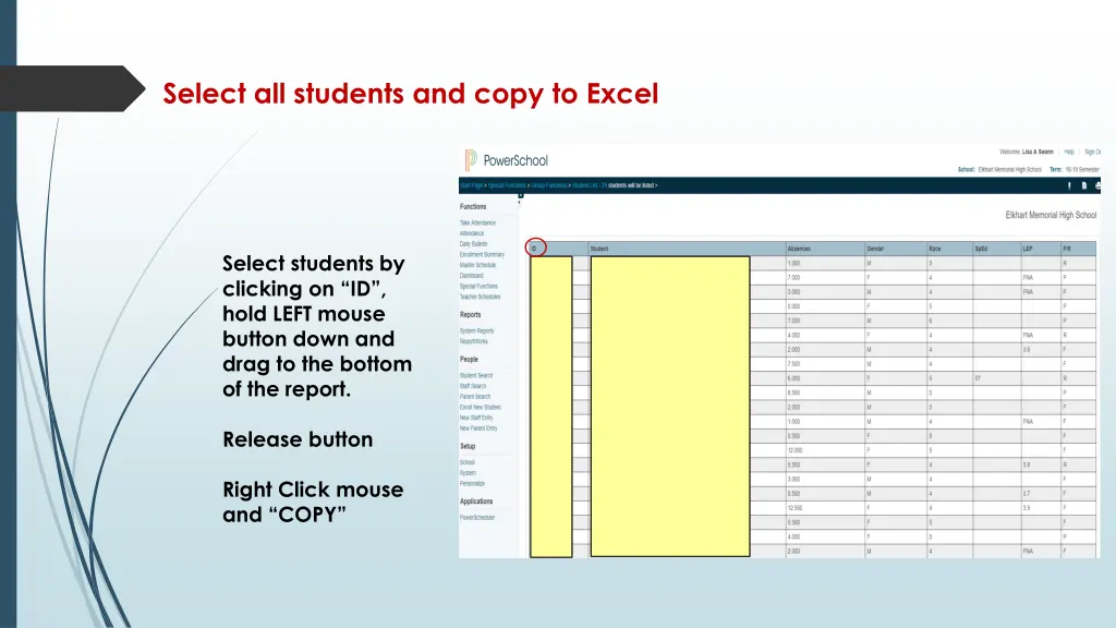 select all students and copy to excel