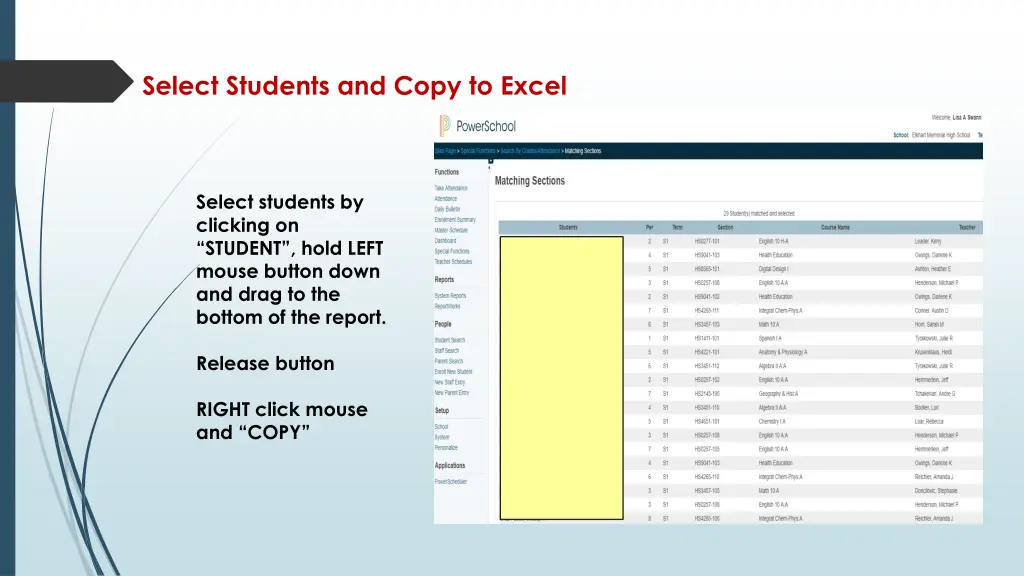 select students and copy to excel