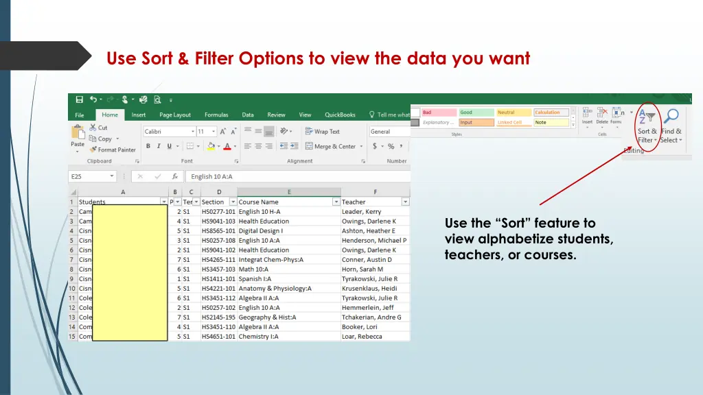 use sort filter options to view the data you want