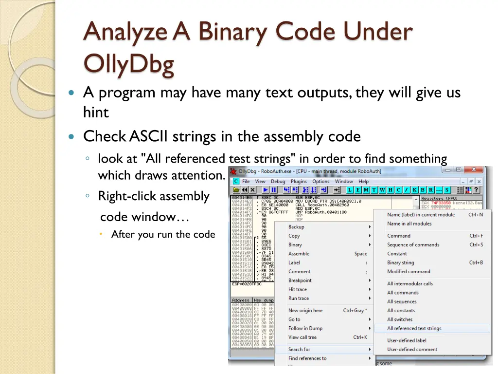 analyze a binary code under ollydbg a program