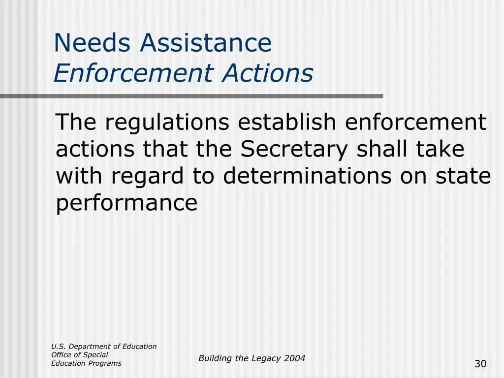 needs assistance enforcement actions