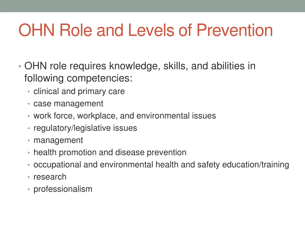 ohn role and levels of prevention