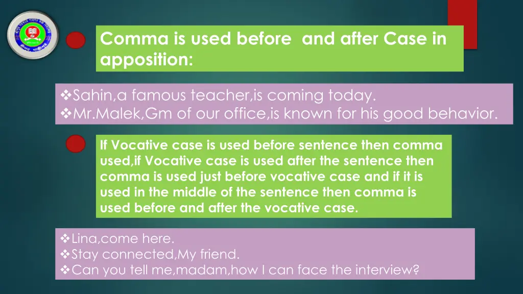 comma is used before and after case in apposition