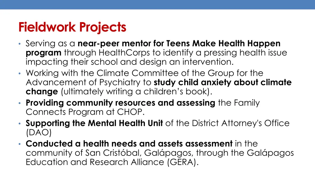 fieldwork projects serving as a near peer mentor