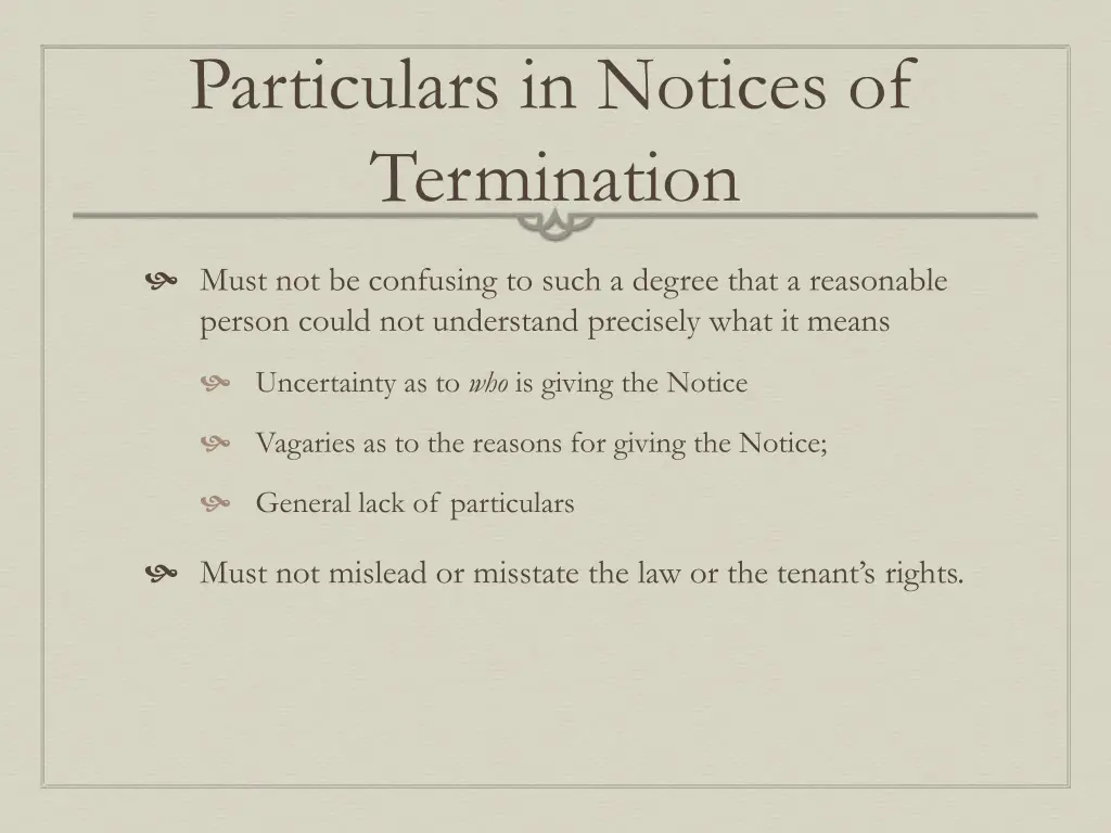 particulars in notices of termination