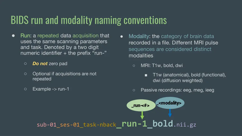 bids run and modality naming conventions