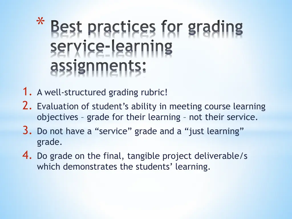 best practices for grading service learning