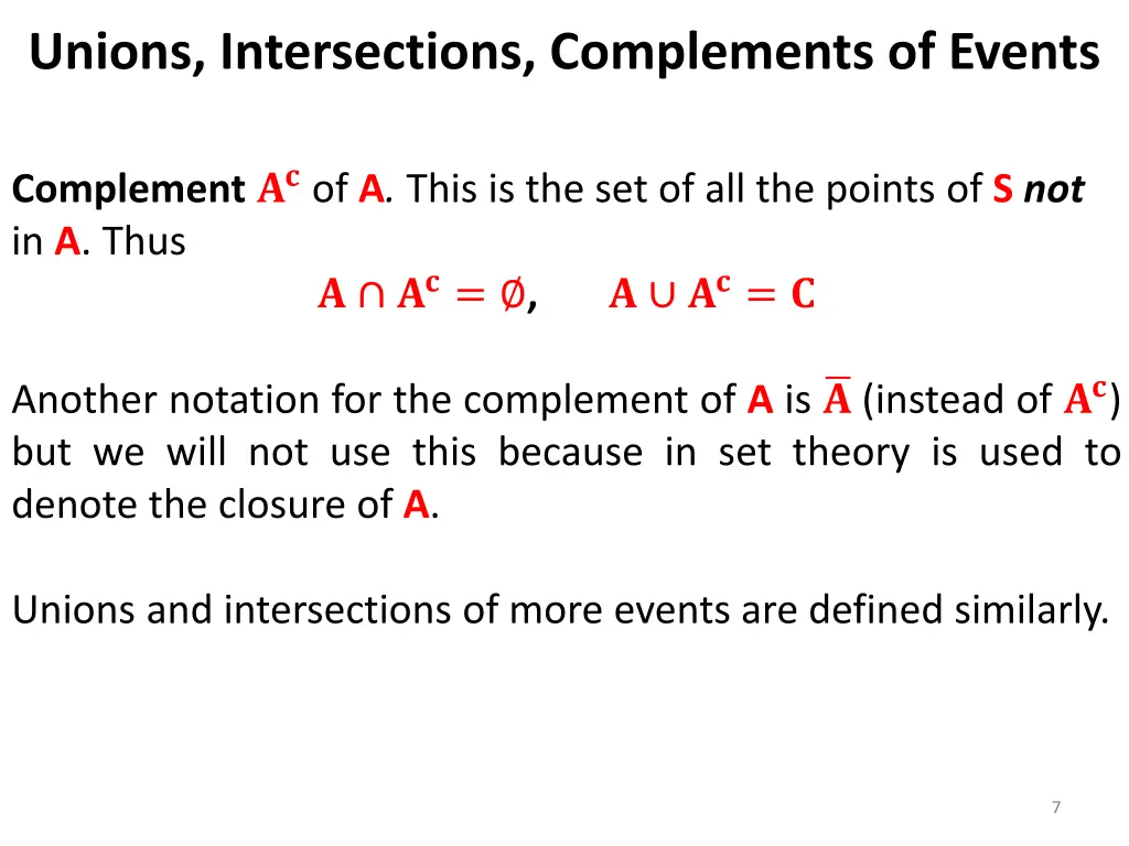 unions intersections complements of events 1