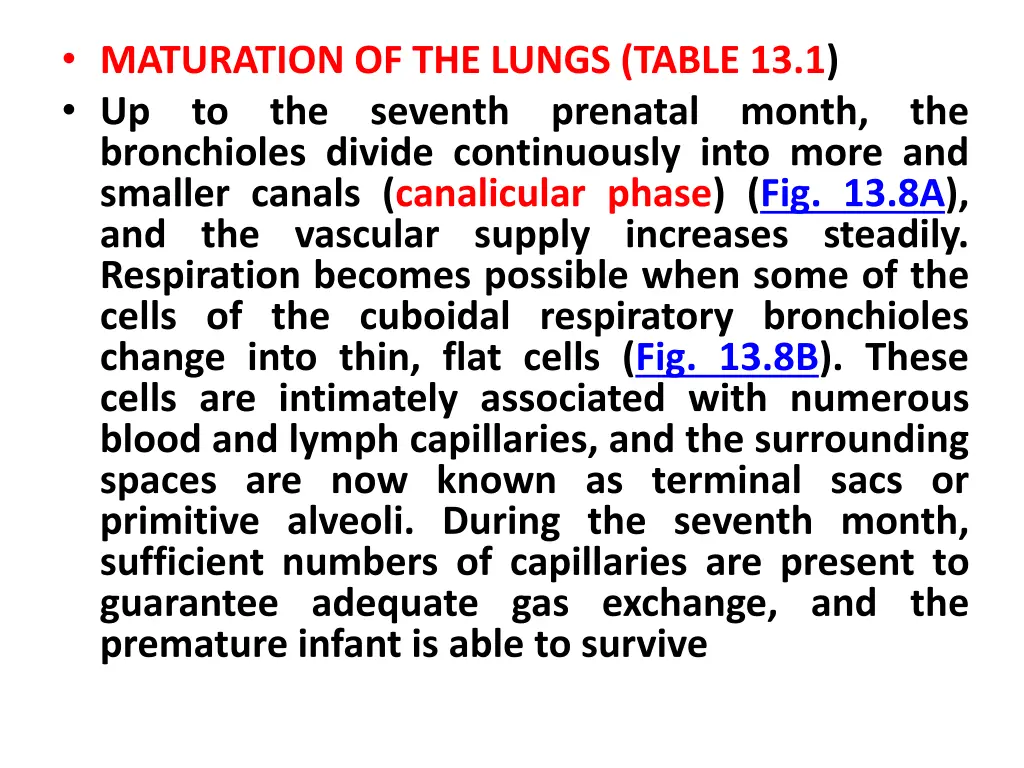 maturation of the lungs table