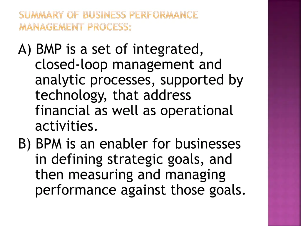 summary of business performance management process