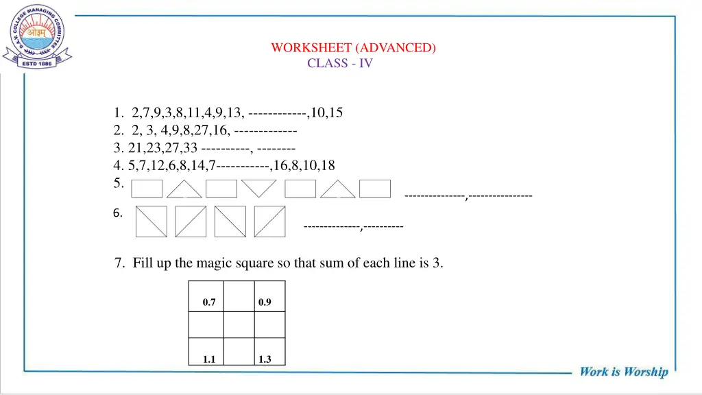 worksheet advanced class iv