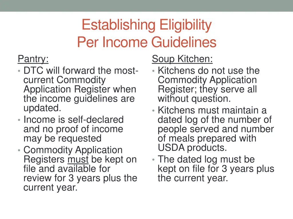 establishing eligibility per income guidelines