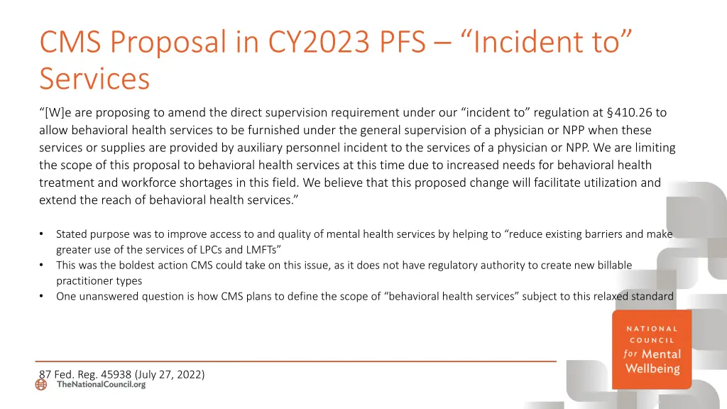 cms proposal in cy2023 pfs incident to services