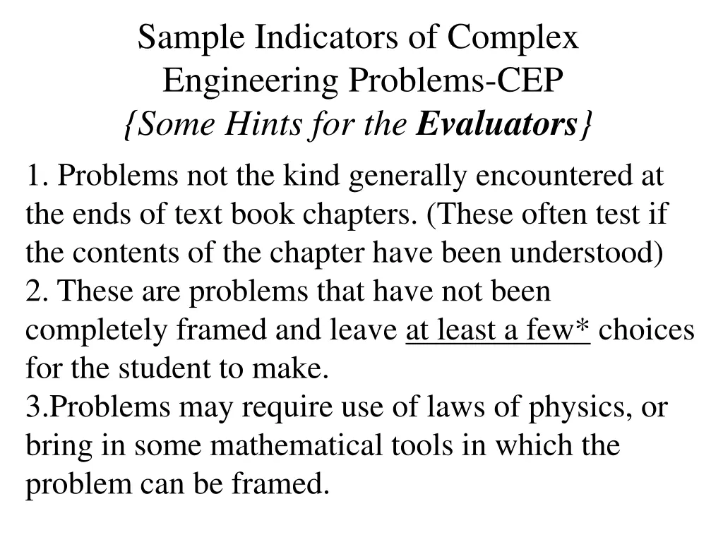 sample indicators of complex engineering problems