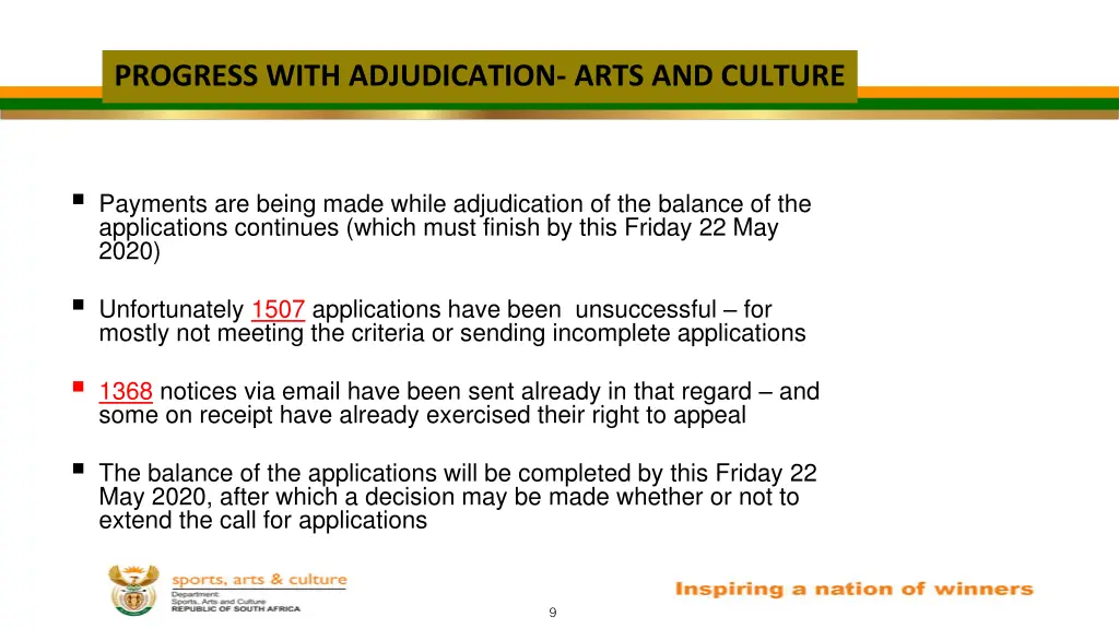 progress with adjudication arts and culture