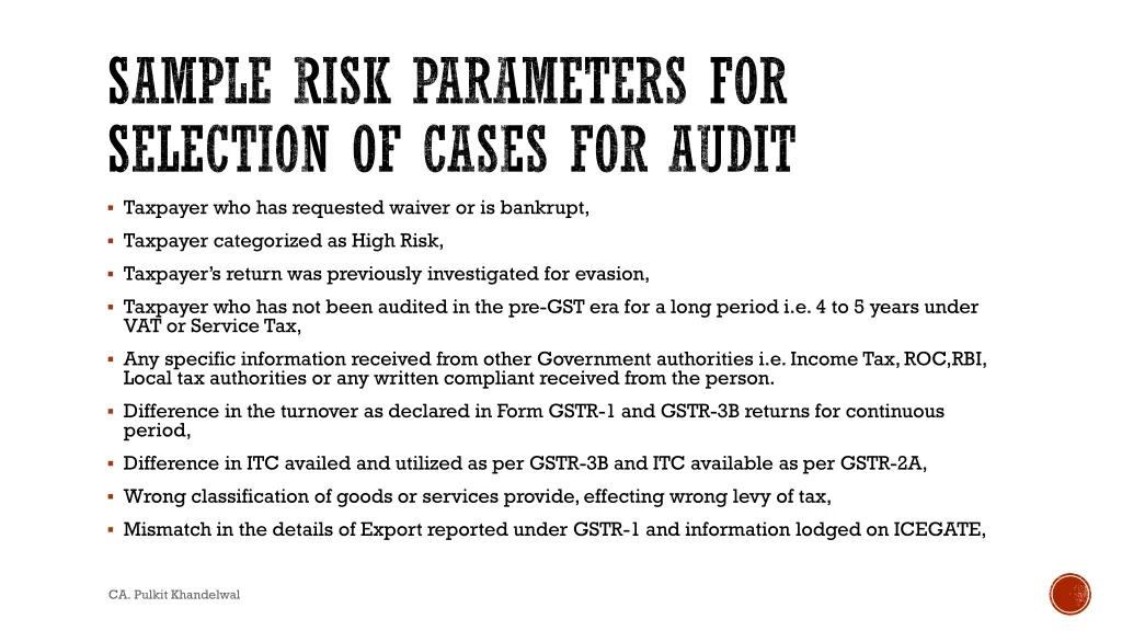 sample risk parameters for selection of cases 1