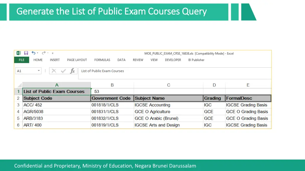 generate the list of public exam courses query 3