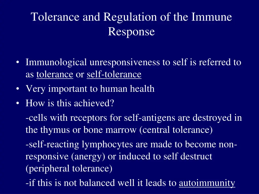 tolerance and regulation of the immune response