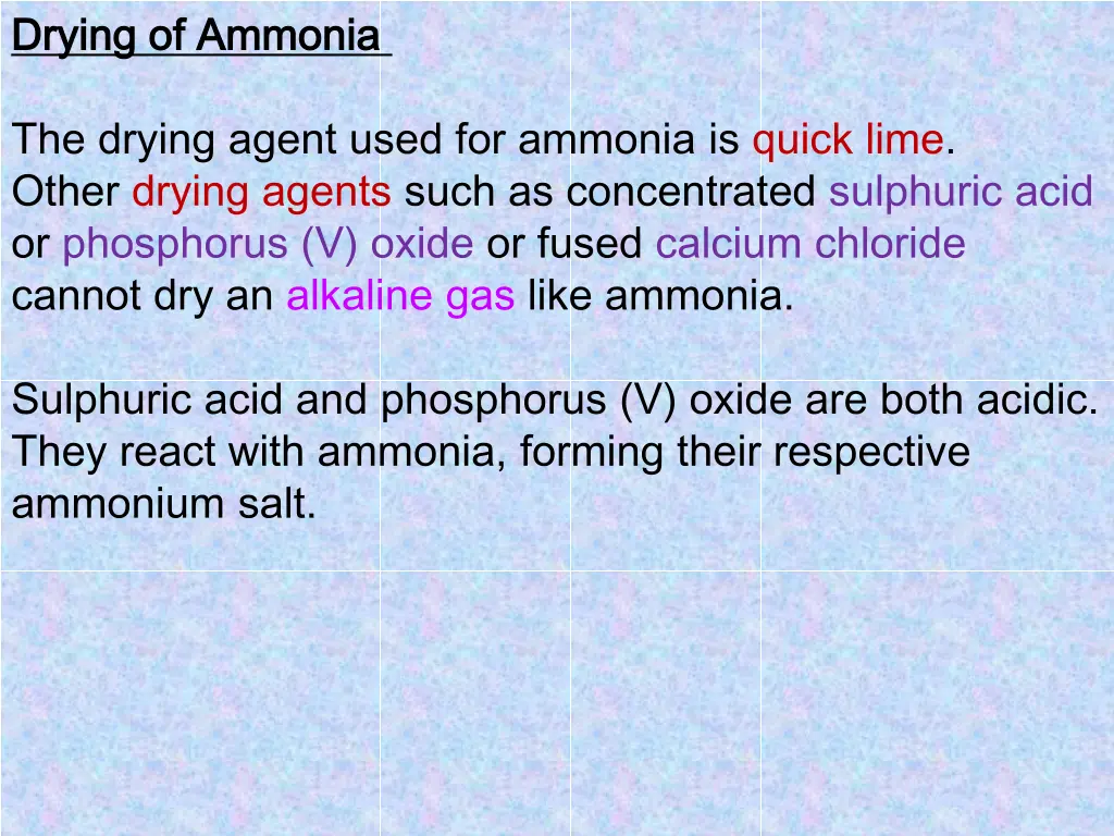 drying drying of of ammonia