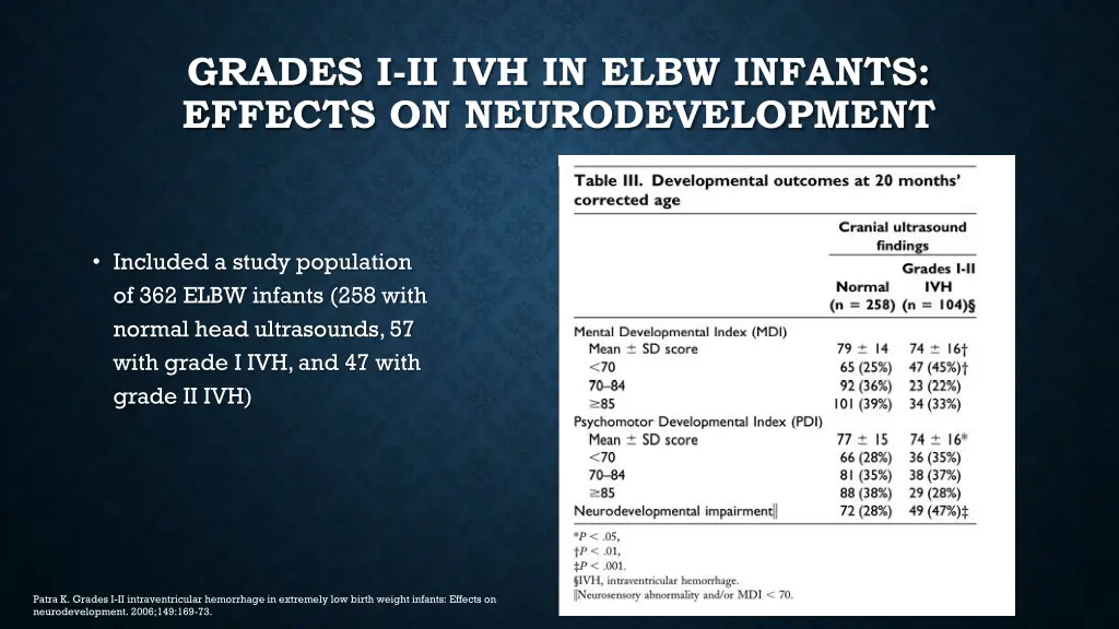 grades i ii ivh in elbw infants effects