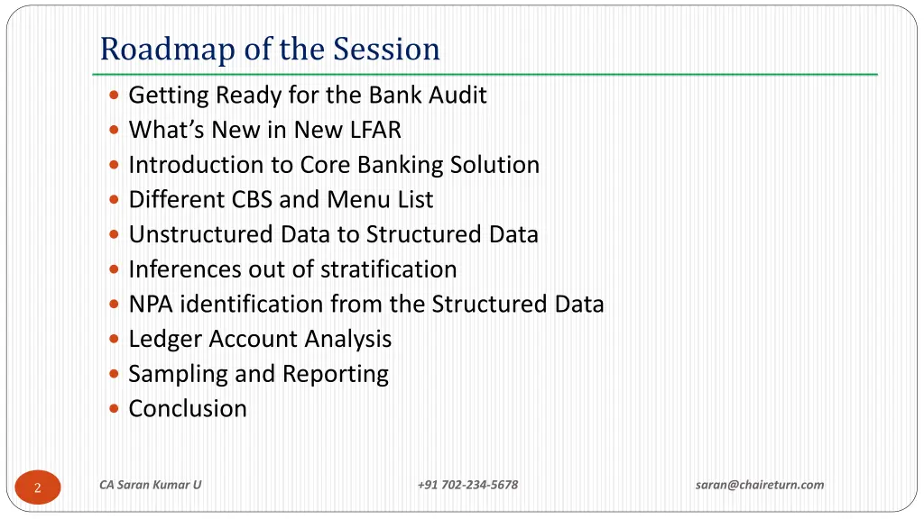 roadmap of the session