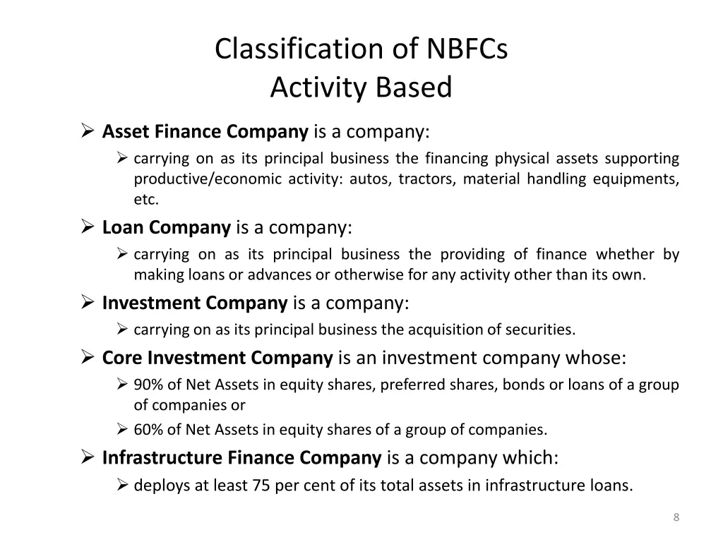 classification of nbfcs activity based