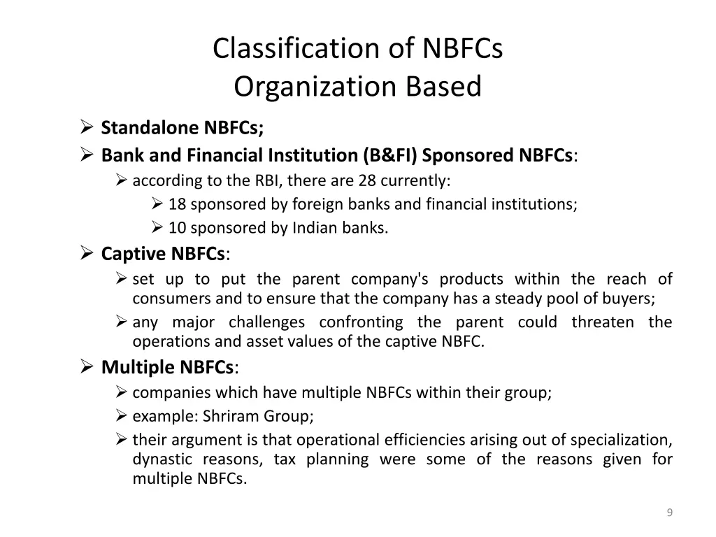 classification of nbfcs organization based