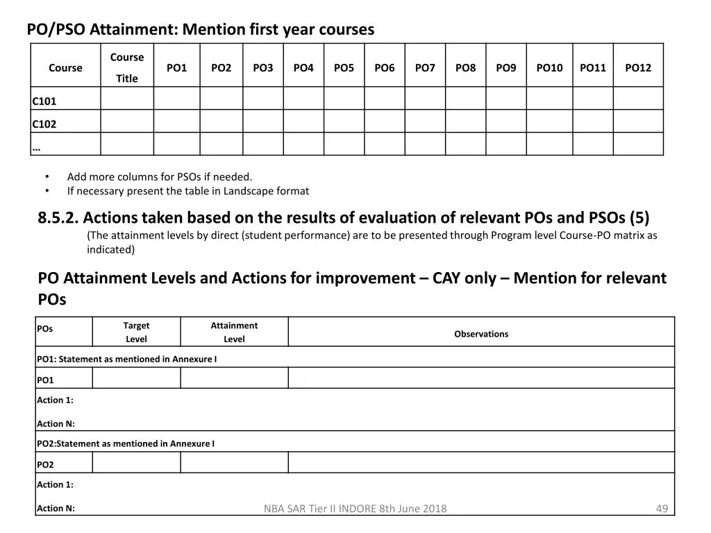 po pso attainment mention first year courses