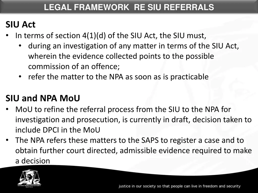 legal framework re siu referrals