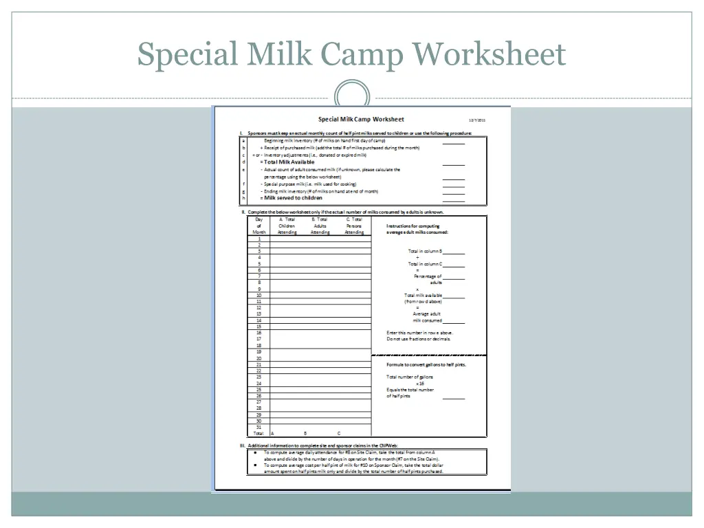 special milk camp worksheet