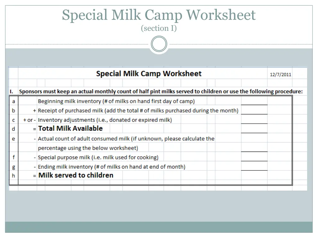 special milk camp worksheet section i